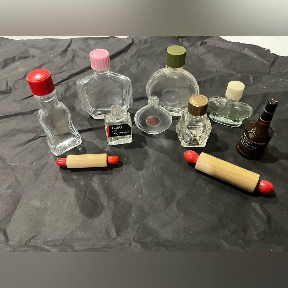 Vintage Lot of 10 Miniature/Dollhouse Glass Bottles Rolling Pins